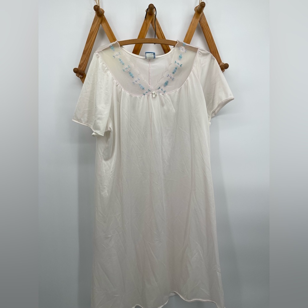 Vintage Haband’s Moon Beams, Cream Nightgown, Blue Flowered Embroidery